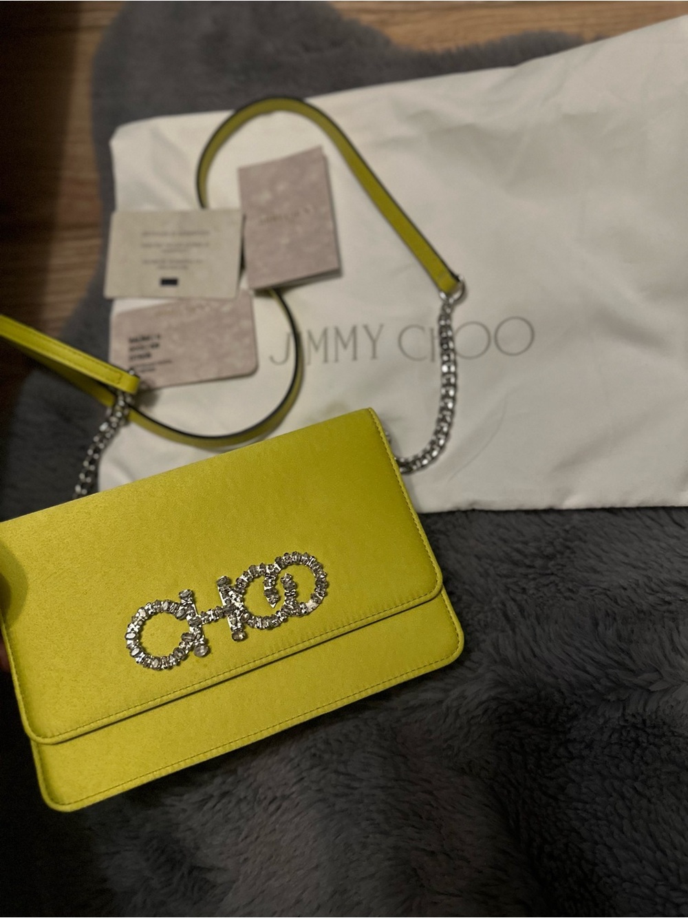 Jimmy Choo Lime Yellow Leather Crossbody Bag with Crystal CHOO Logo